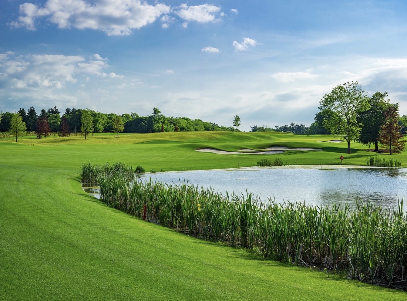 Parkland golf fairway curving past a reed-lined lake to a bunkered green