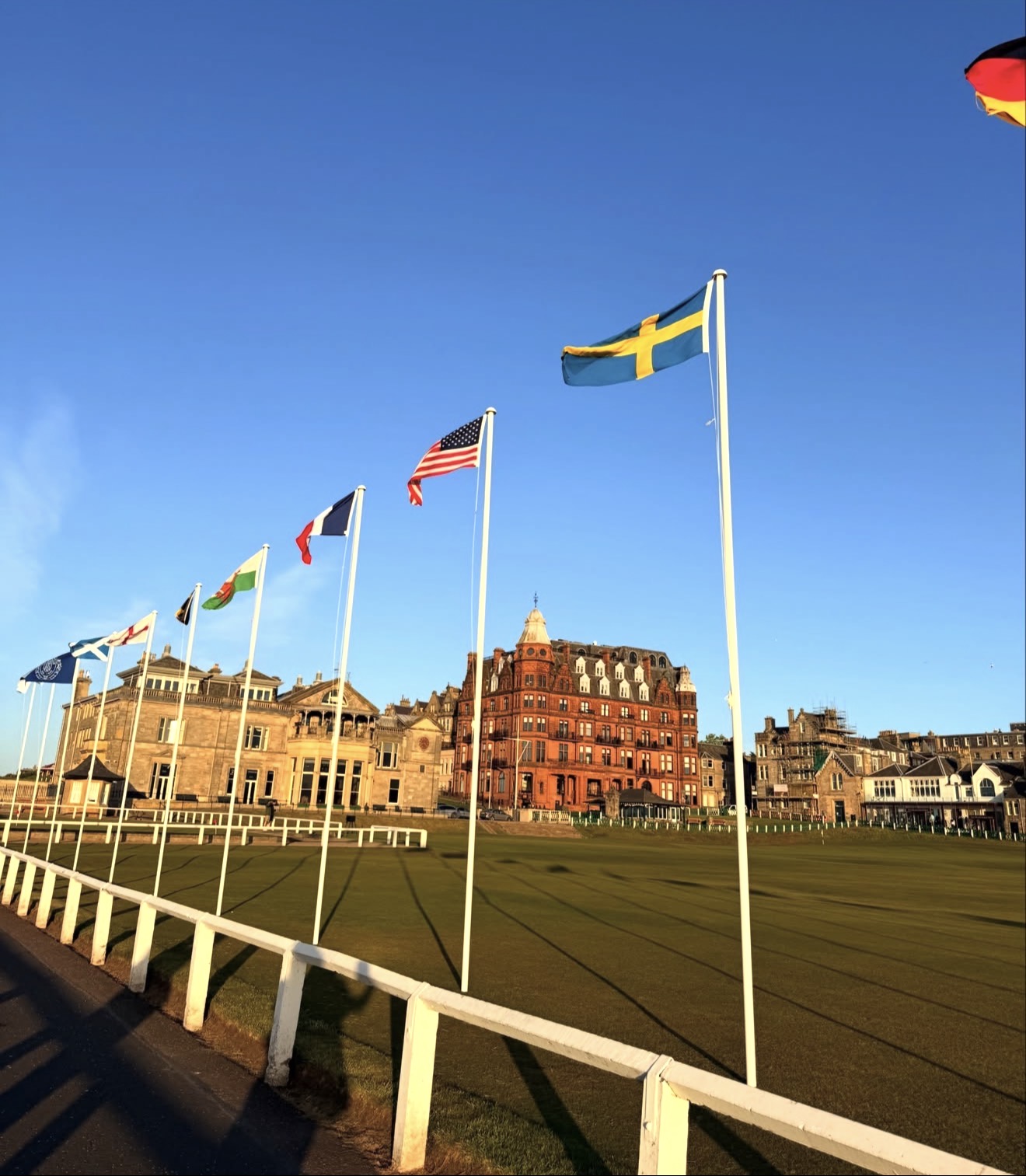 National flags flying beside the R&A clubhouse at the Old Course at St Andrews
