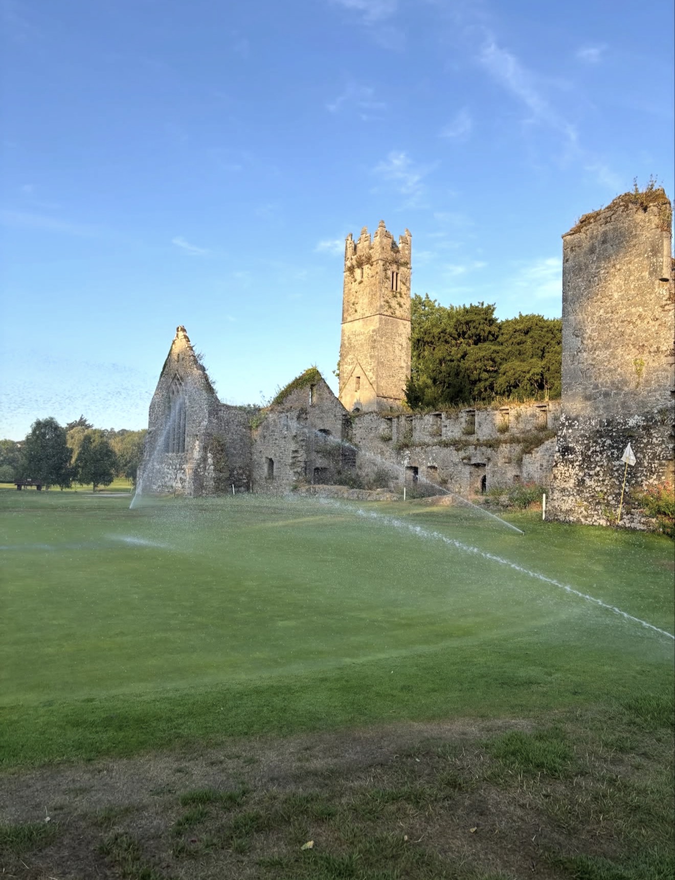 Medieval abbey ruins and tower standing beside a golf green with sprinklers running at Adare